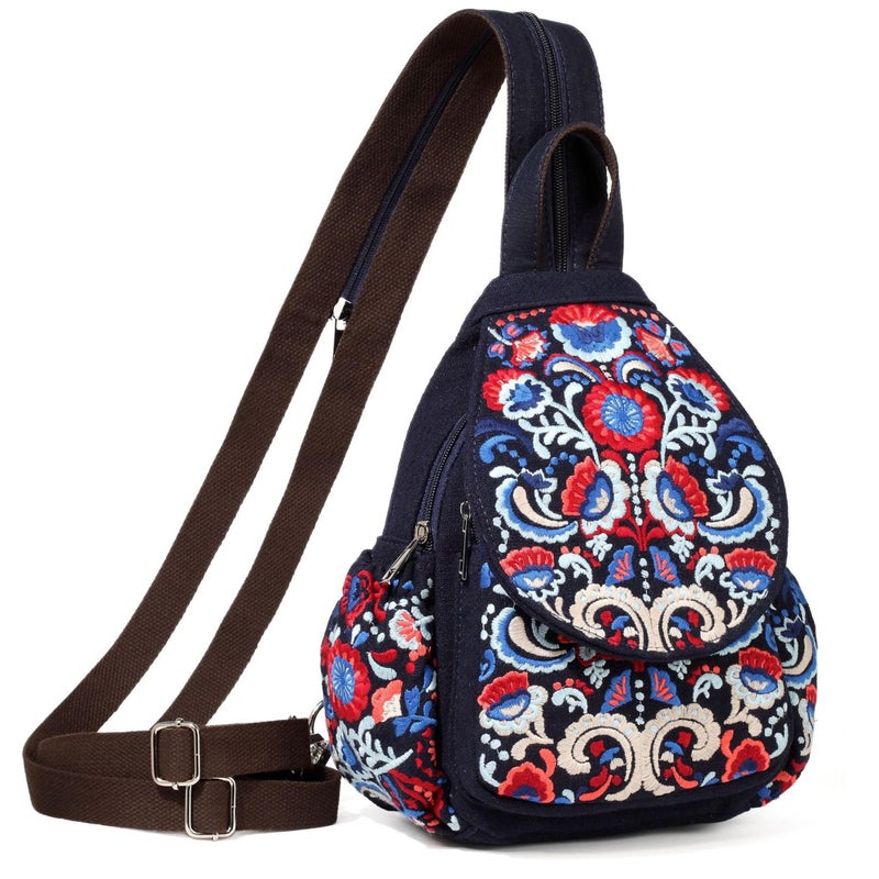 SILKAREA Vintage Embroidered Floral Ethnic Backpack for Women Handbag Shoulder Bag Mini Travel Purse (Embroidered Blue) - Image 1