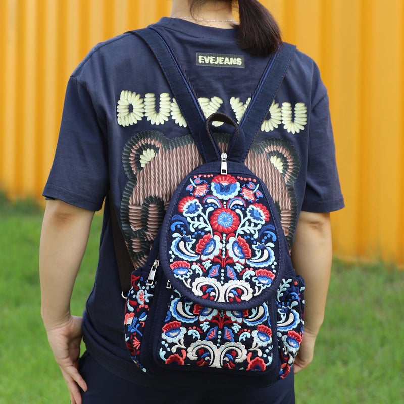 SILKAREA Vintage Embroidered Floral Ethnic Backpack for Women Handbag Shoulder Bag Mini Travel Purse (Embroidered Blue) - Image 2