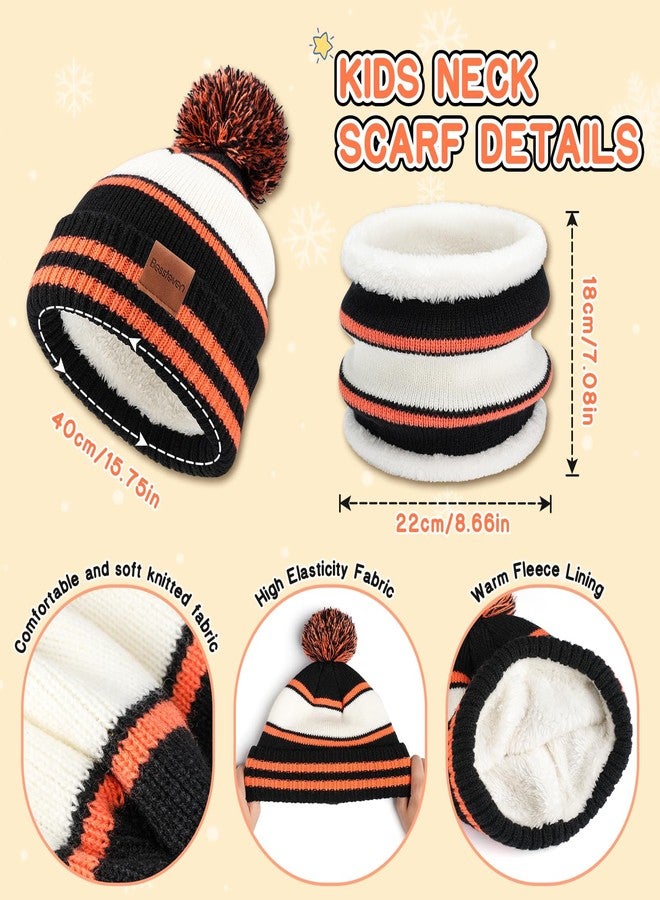 Bessteven Kids Winter Hat Gloves Scarf Set: Girls Boys Beanie Hats Gloves Knit Set with Thick Warm Fleece Lined For Ages 6-10 Children, Orange & Black, one size - Image 3