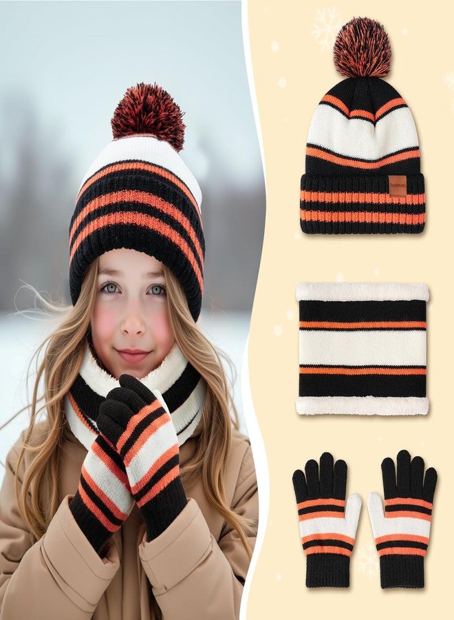 Bessteven Kids Winter Hat Gloves Scarf Set: Girls Boys Beanie Hats Gloves Knit Set with Thick Warm Fleece Lined For Ages 6-10 Children, Orange & Black, one size - Image 2