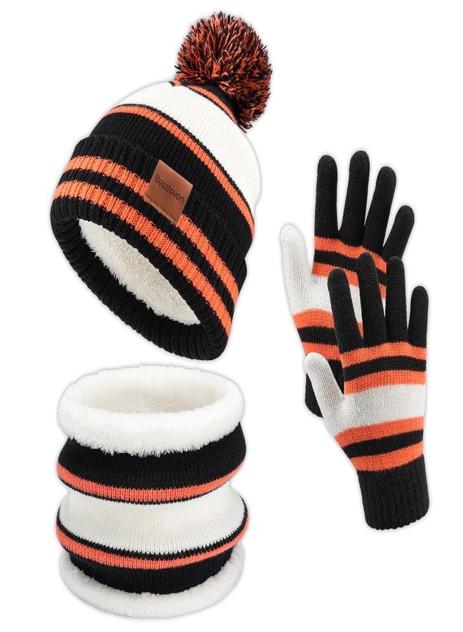 Bessteven Kids Winter Hat Gloves Scarf Set: Girls Boys Beanie Hats Gloves Knit Set with Thick Warm Fleece Lined For Ages 6-10 Children, Orange & Black, one size - Image 1