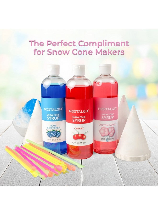 Nostalgia Premium Snow Cone Party Kit, 3 Syrups, Blue Raspberry, Cherry, Cotton Candy, 20 Cups & Spoon Straws - Image 2