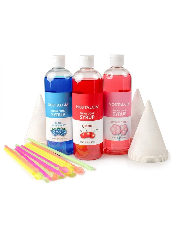 Nostalgia Premium Snow Cone Party Kit, 3 Syrups, Blue Raspberry, Cherry, Cotton Candy, 20 Cups & Spoon Straws - Image 1
