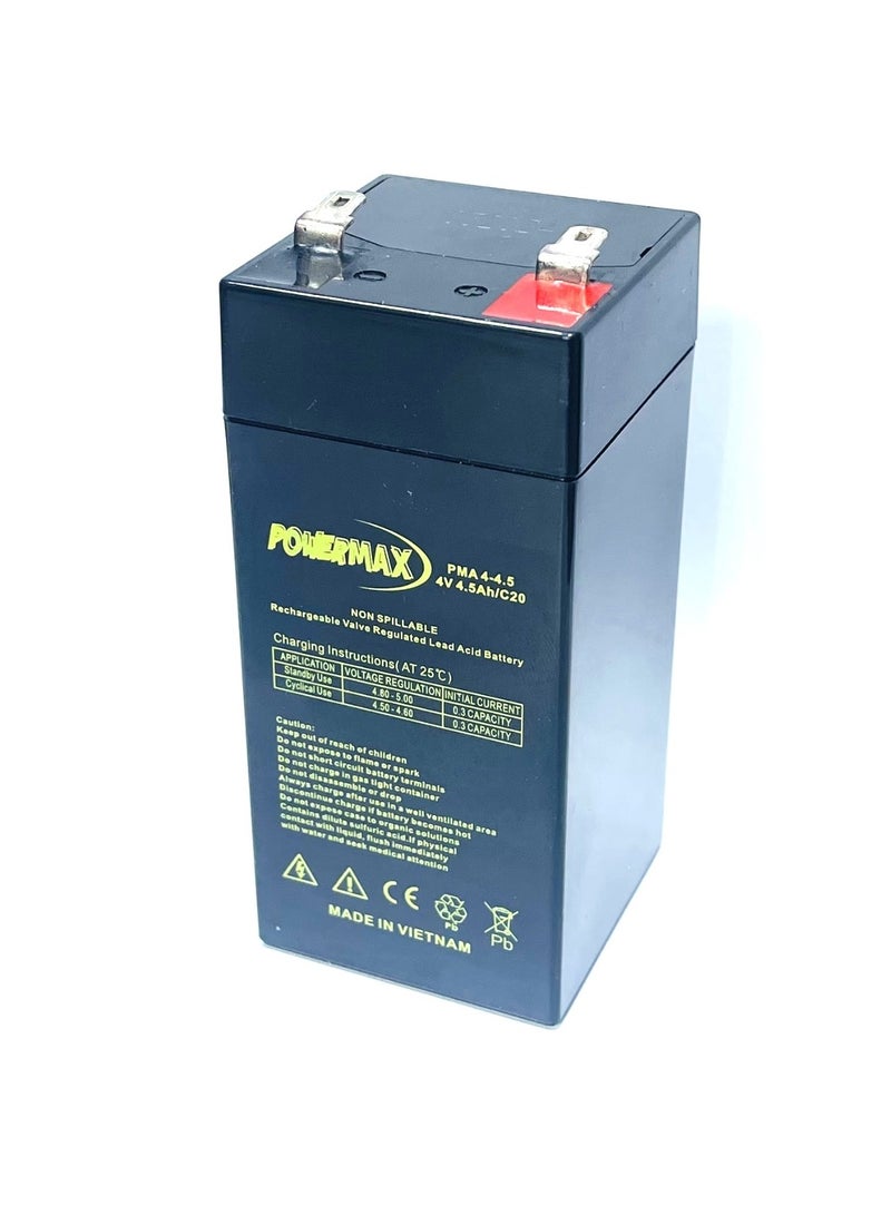 Power Max PMA4-4.5 Rechargeable Battery – 4V 4.5Ah Sealed Lead Acid (VRLA), Non-Spillable