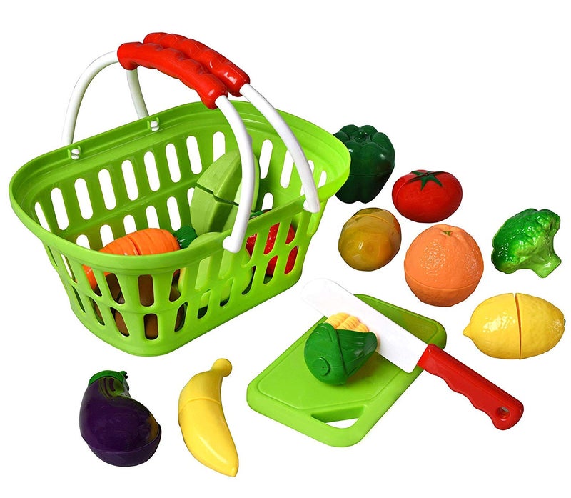 Playkidz: Fruit and Vegetables Basket Pretend Play Kitchen Food Educational Playset with Toy Knife, Cutting Board (32 Pieces of Food Toys) - Image 3