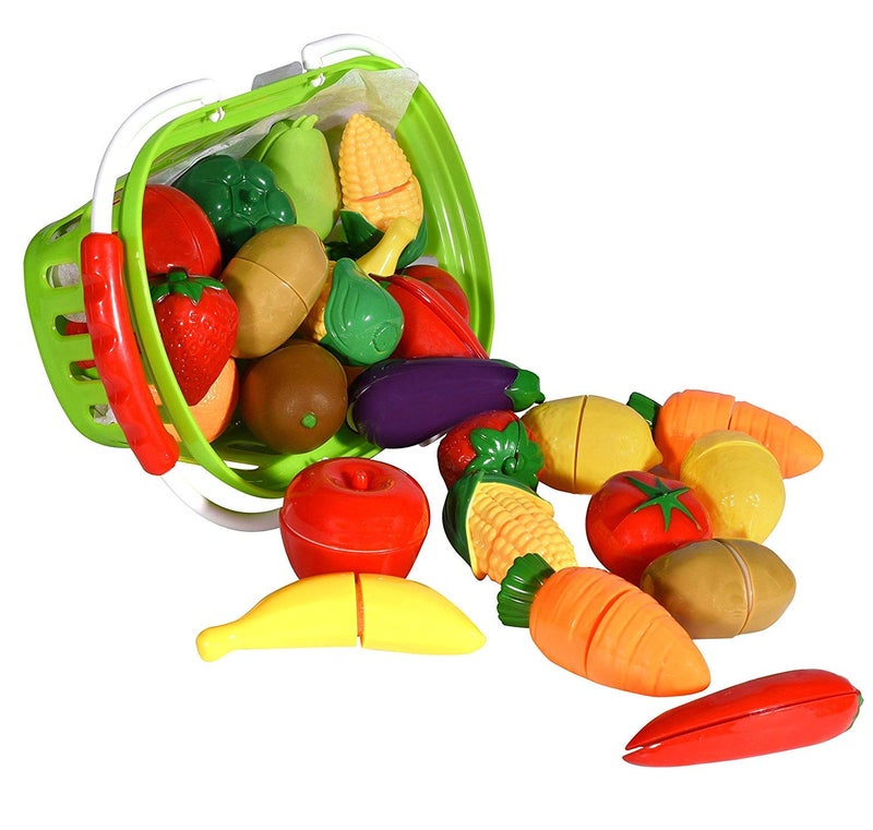 Playkidz: Fruit and Vegetables Basket Pretend Play Kitchen Food Educational Playset with Toy Knife, Cutting Board (32 Pieces of Food Toys) - Image 2