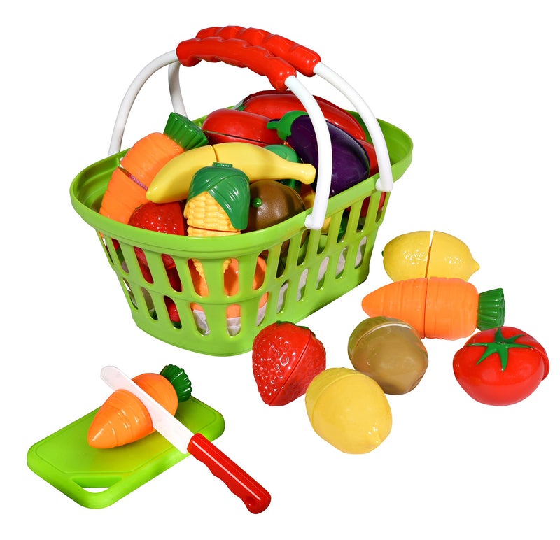 Playkidz: Fruit and Vegetables Basket Pretend Play Kitchen Food Educational Playset with Toy Knife, Cutting Board (32 Pieces of Food Toys) - Image 1