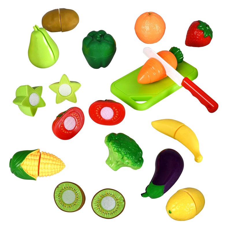 Playkidz: Fruit and Vegetables Basket Pretend Play Kitchen Food Educational Playset with Toy Knife, Cutting Board (32 Pieces of Food Toys) - Image 4