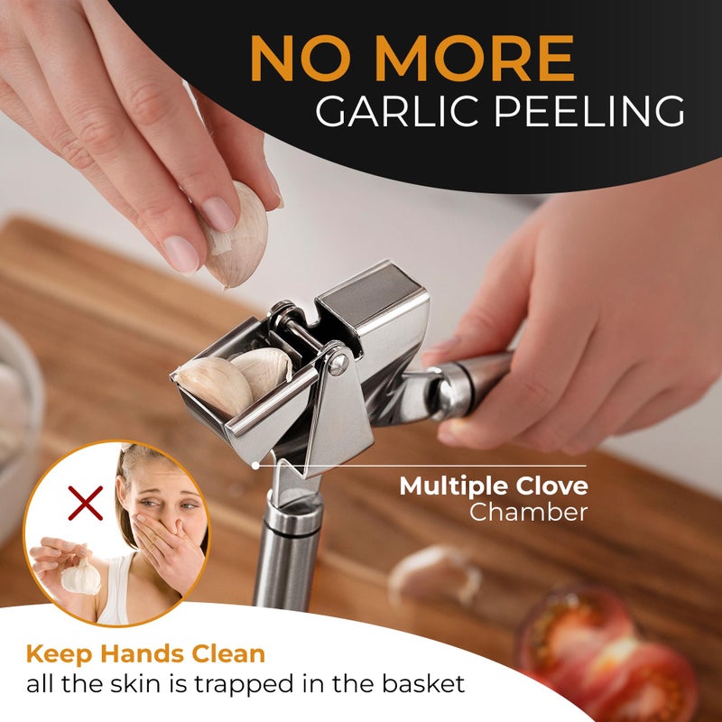 Orblue ORBLUE Garlic Press Stainless Steel - Premium Professional Grade Garlic Mincer, Crusher & Peeler Set - Easy Clean, Dishwasher Safe & Rust-proof  - Image 3