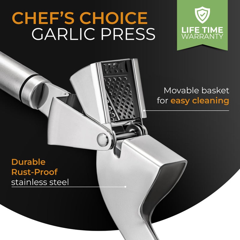 Orblue ORBLUE Garlic Press Stainless Steel - Premium Professional Grade Garlic Mincer, Crusher & Peeler Set - Easy Clean, Dishwasher Safe & Rust-proof  - Image 2