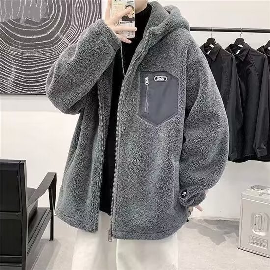 Unisex Hooded Sherpa Jacket Cotton-Padded Warm Casual Coat Gray