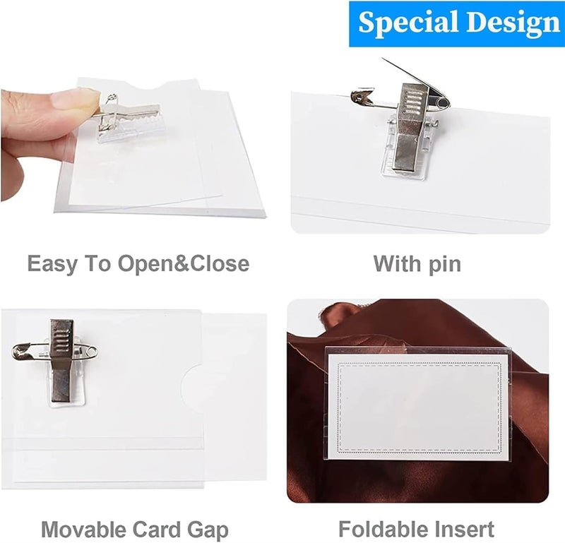 KWSLIN 50 Pack Name Badges with Clip and Pin, Clear Plastic Horizontal ID Holders, Blank Card Insert Sheets Badge Holders for School, Colleges, Offices, Corporate Event - Image 4