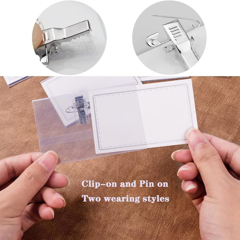 KWSLIN 50 Pack Name Badges with Clip and Pin, Clear Plastic Horizontal ID Holders, Blank Card Insert Sheets Badge Holders for School, Colleges, Offices, Corporate Event - Image 3