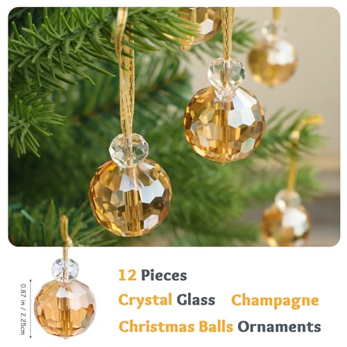 LÈFERS 12 Pcs Crystal Glass Christmas Balls Ornaments, 0.87" Mini Prism Ball Christmas Tree Decorations, Hanging Crystal Ornament Clearance for Xmas Wedding Party Home Decor (Gold) - Image 2