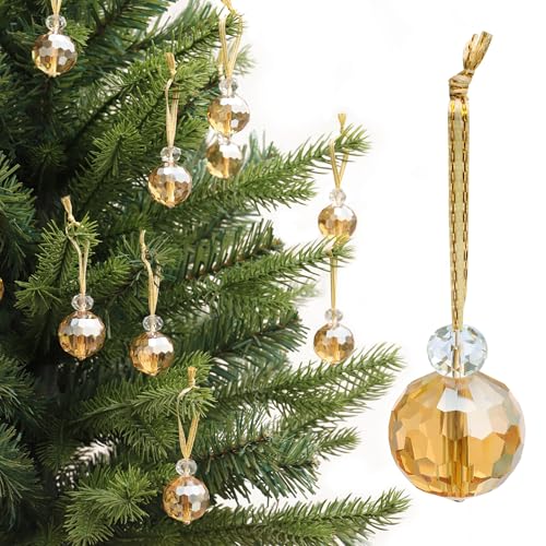 LÈFERS 12 Pcs Crystal Glass Christmas Balls Ornaments, 0.87" Mini Prism Ball Christmas Tree Decorations, Hanging Crystal Ornament Clearance for Xmas Wedding Party Home Decor (Gold) - Image 1
