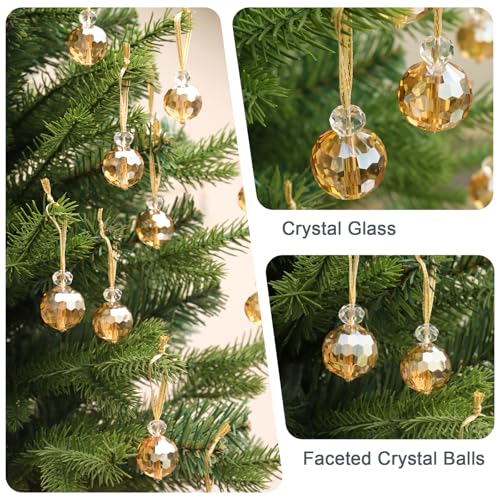 LÈFERS 12 Pcs Crystal Glass Christmas Balls Ornaments, 0.87" Mini Prism Ball Christmas Tree Decorations, Hanging Crystal Ornament Clearance for Xmas Wedding Party Home Decor (Gold) - Image 3