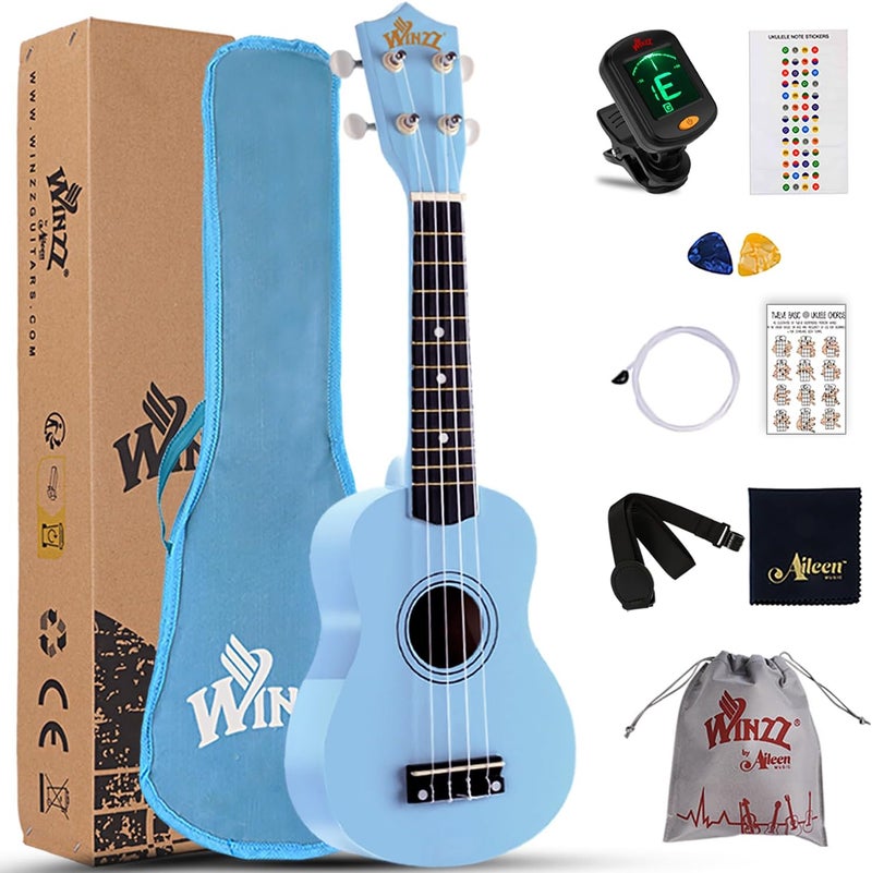 وينز مجموعة Blue Ukulele Soprano للمبتدئين مع حقيبة، موالف قابل للتثبيت، أوتار إضافية، حزام، معول، ملصقات الحنق، بطاقة الأوتار، قطعة ��لميع - Image 1