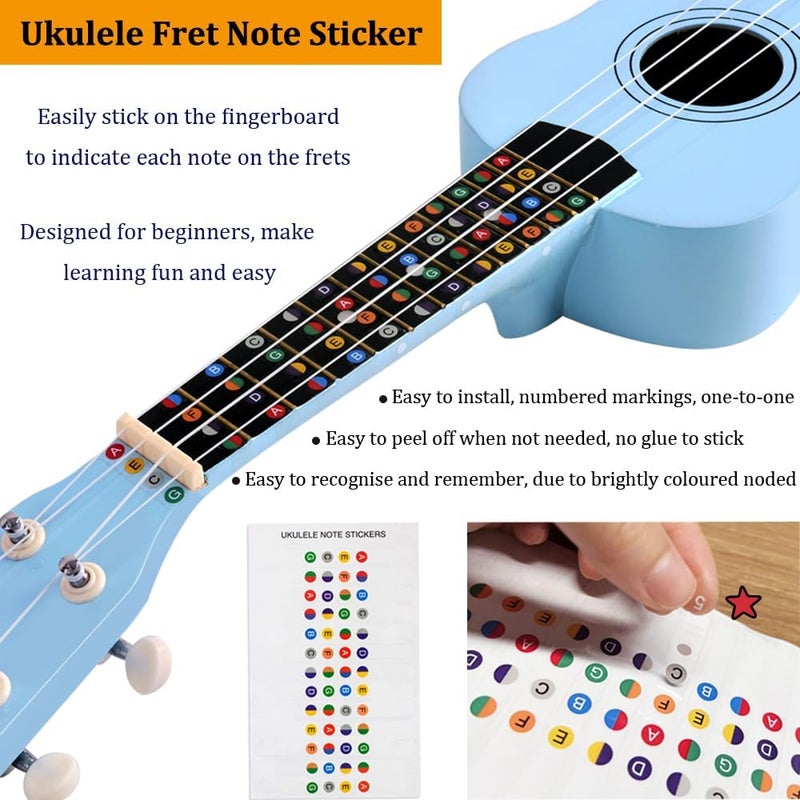 وينز مجموعة Blue Ukulele Soprano للمبتدئين مع حقيبة، موالف قابل للتثبيت، أوتار إضافية، حزام، معول، ملصقات الحنق، بطاقة الأوتار، قطعة ��لميع - Image 3
