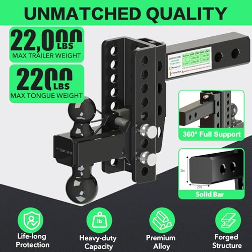 GAFONAXDRI Adjustable Trailer Hitch For 2 Inch Receiver, Dual Ball 2'' & 2-5/16'' with 22,000 LBS Max GTW, 6'' Drop/Rise Tow Hitches, Premium Manganese Steel, Bulletproof Locking Pin, Anti Rust, Anti Rattle (6") - Image 2