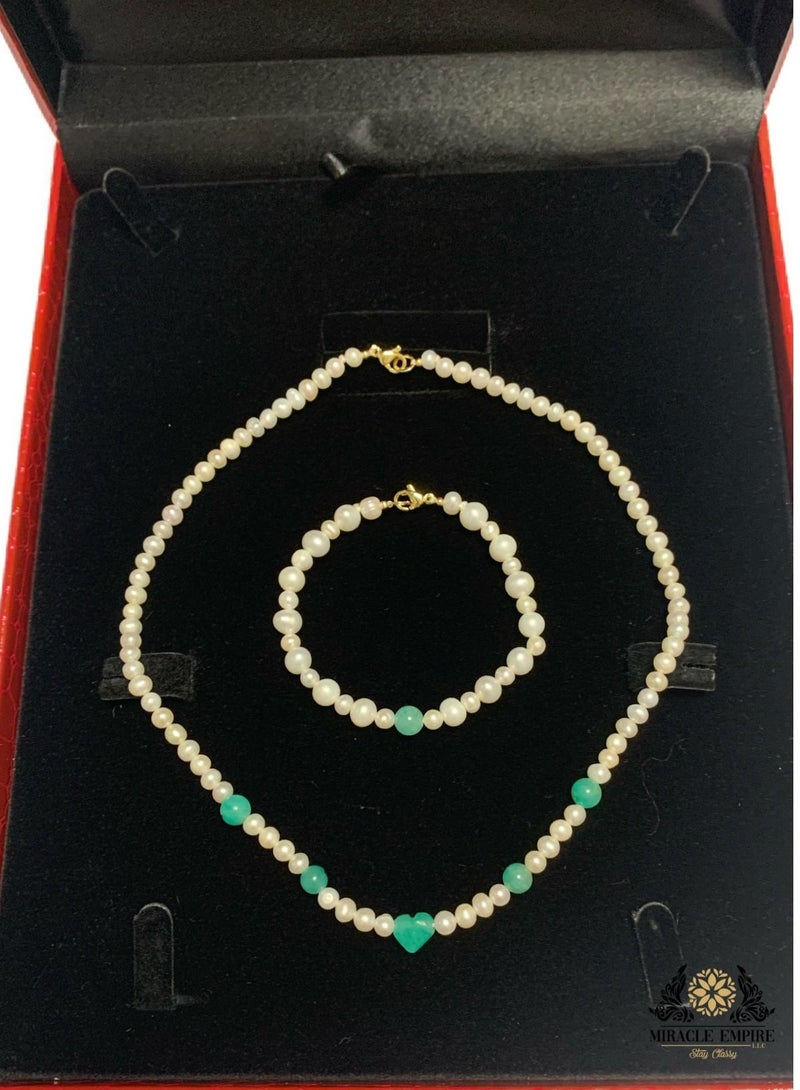Miracle Empire Unique Exclusive Ladies Necklace Bracelet Set Handmade Of Natural 5-7Mm Pearls, 6 Emeralds Middle Heart Shape A 18K Gold Plated Clasp.  - Image 2