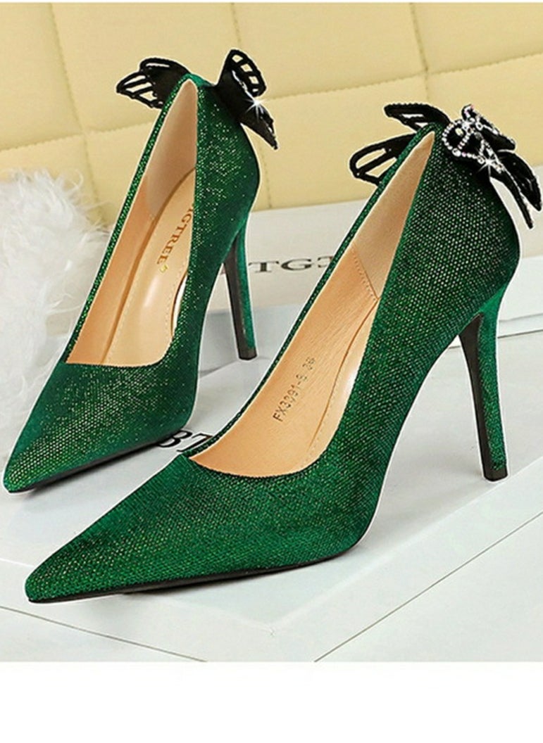 BIGTREE Women's Closed Pointed Toe Stiletto Pumps Suede Rhinestone Bowknot Decoration High Heels 10CM Green  - Image 1
