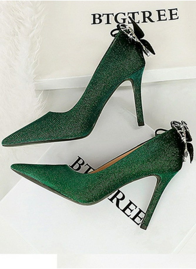 BIGTREE Women's Closed Pointed Toe Stiletto Pumps Suede Rhinestone Bowknot Decoration High Heels 10CM Green  - Image 3