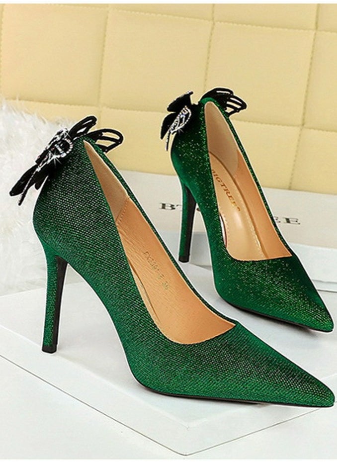 BIGTREE Women's Closed Pointed Toe Stiletto Pumps Suede Rhinestone Bowknot Decoration High Heels 10CM Green  - Image 2