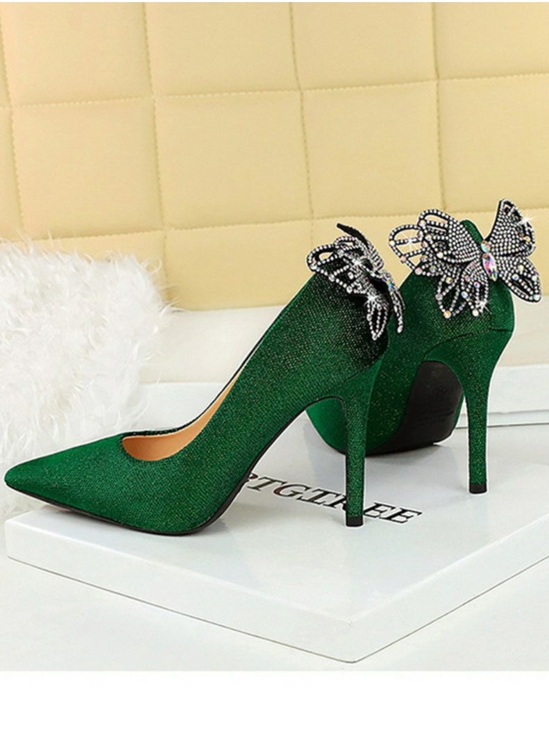 BIGTREE Women's Closed Pointed Toe Stiletto Pumps Suede Rhinestone Bowknot Decoration High Heels 10CM Green  - Image 4
