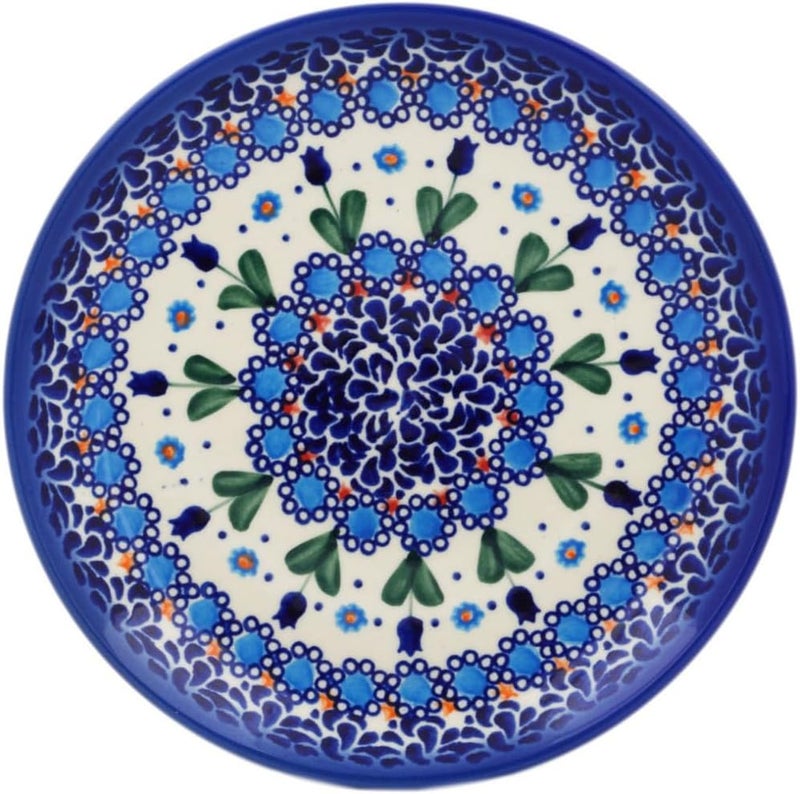 Polmedia Polish Pottery طبق حلوى بولندي أصلي بتصميم حديقة التوليب الزرقاء UNIKAT مصنوع يدويًا في بولسوافيا بولندا من سيراميكا بونا مع شهادة الأصالة - Image 1