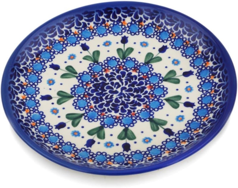 Polmedia Polish Pottery طبق حلوى بولندي أصلي بتصميم حديقة التوليب الزرقاء UNIKAT مصنوع يدويًا في بولسوافيا بولندا من سيراميكا بونا مع شهادة الأصالة - Image 2
