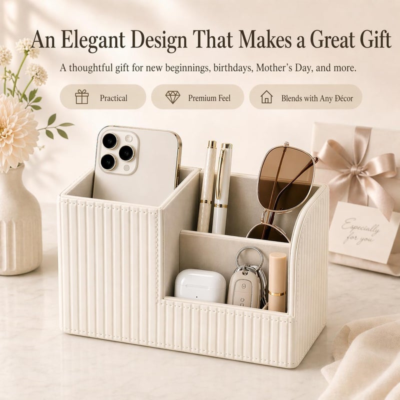 KINGFOM Desk Pen Organizer Office Supplies Caddy Pu Leather Multi-function Storage Box Pen/Pencil,Cell phone, Business Name Cards Remote Control Holder (Ivory White) - Image 5