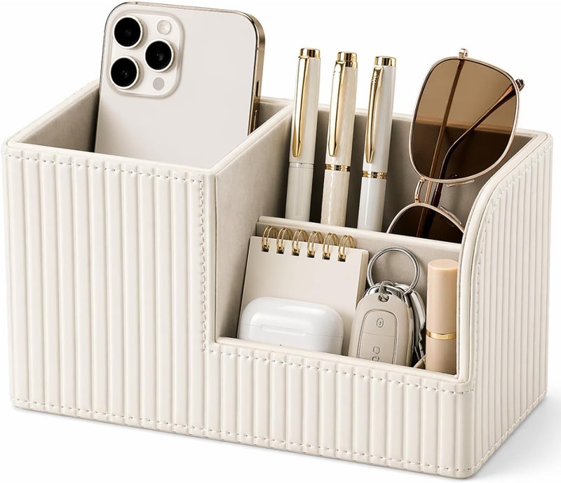 KINGFOM Desk Pen Organizer Office Supplies Caddy Pu Leather Multi-function Storage Box Pen/Pencil,Cell phone, Business Name Cards Remote Control Holder (Ivory White) - Image 1