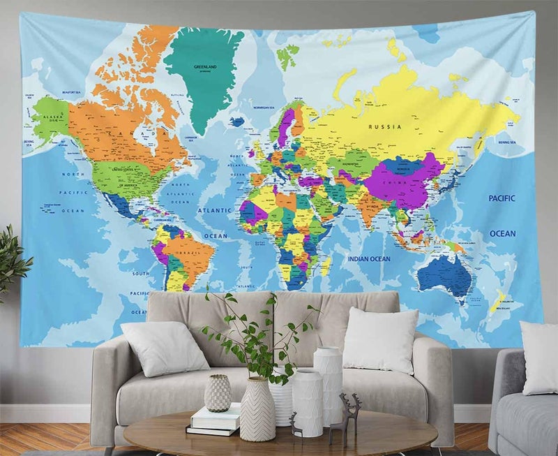 CAPSCEOLL CAPSCEOLL Blue Map Tapestry, Tapestry Wall Map Map Tapestry Wall Kids Map Tapestry Map Tapestry Blue Map Tapestry Blue Kid Map Tapestry for College Dorm Decor 80X60 Inches,Blue Orange  - Image 3