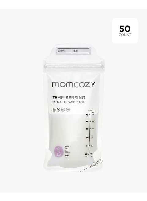 Momcozy أكياس تخزين حليب الثدي بمؤشر درجة الحرارة وسحاب مزدوج مانع للتسرب ومقاوم للثقب قابلة للوقوف وتُحفظ مسطحة لتوفير المساحة - 50 كيس - كل قطرة من ذهبك السائل تستحق الحماية لطفلك