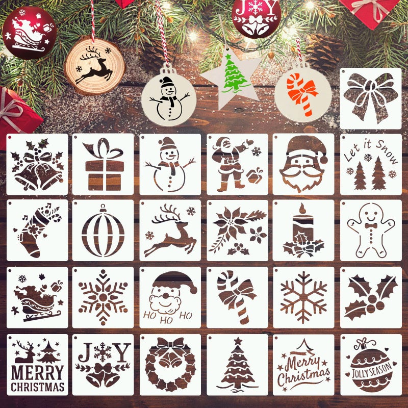 YEAJON 25Pcs Small Christmas Stencils 3x3 Inch for Painting on Wood Fabric Paper Windows Cards DIY Ornaments Reusable Merry Christmas  Santa Drawing Templates