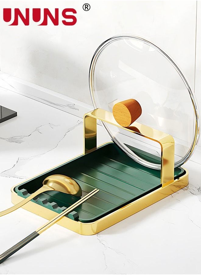 UNUNS Pot Lid Holders With Removable Drain Tray Lid Stand Rack for Kitchen Cooking Pot Lid Organizer Spoon Rest Holder Cutting Boards Gold Rack  - Image 1