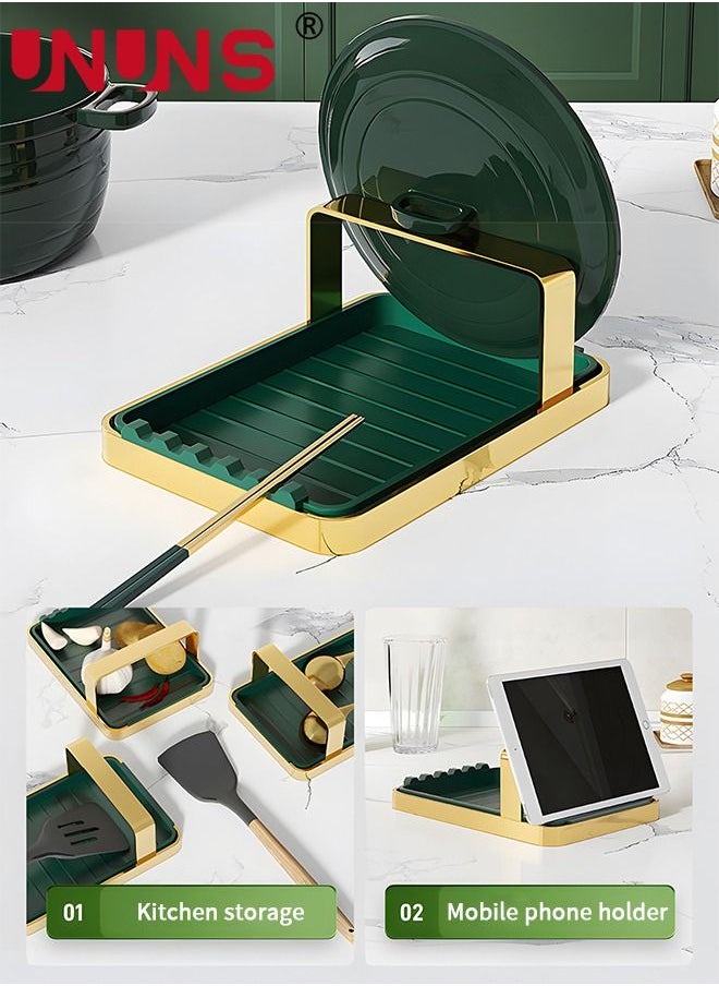 UNUNS Pot Lid Holders With Removable Drain Tray Lid Stand Rack for Kitchen Cooking Pot Lid Organizer Spoon Rest Holder Cutting Boards Gold Rack  - Image 4