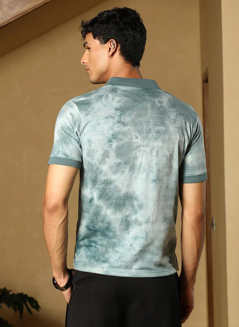 CAHOOT  Men's Viridian Green Dye-Panel Jacquard Polo T-Shirt for Men | Best Price UAE