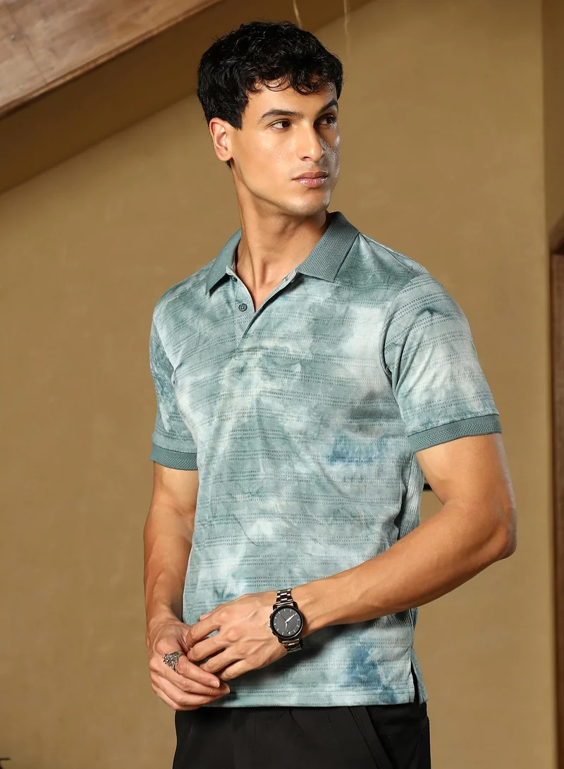 CAHOOT  Men's Viridian Green Dye-Panel Jacquard Polo T-Shirt for Men | Best Price UAE