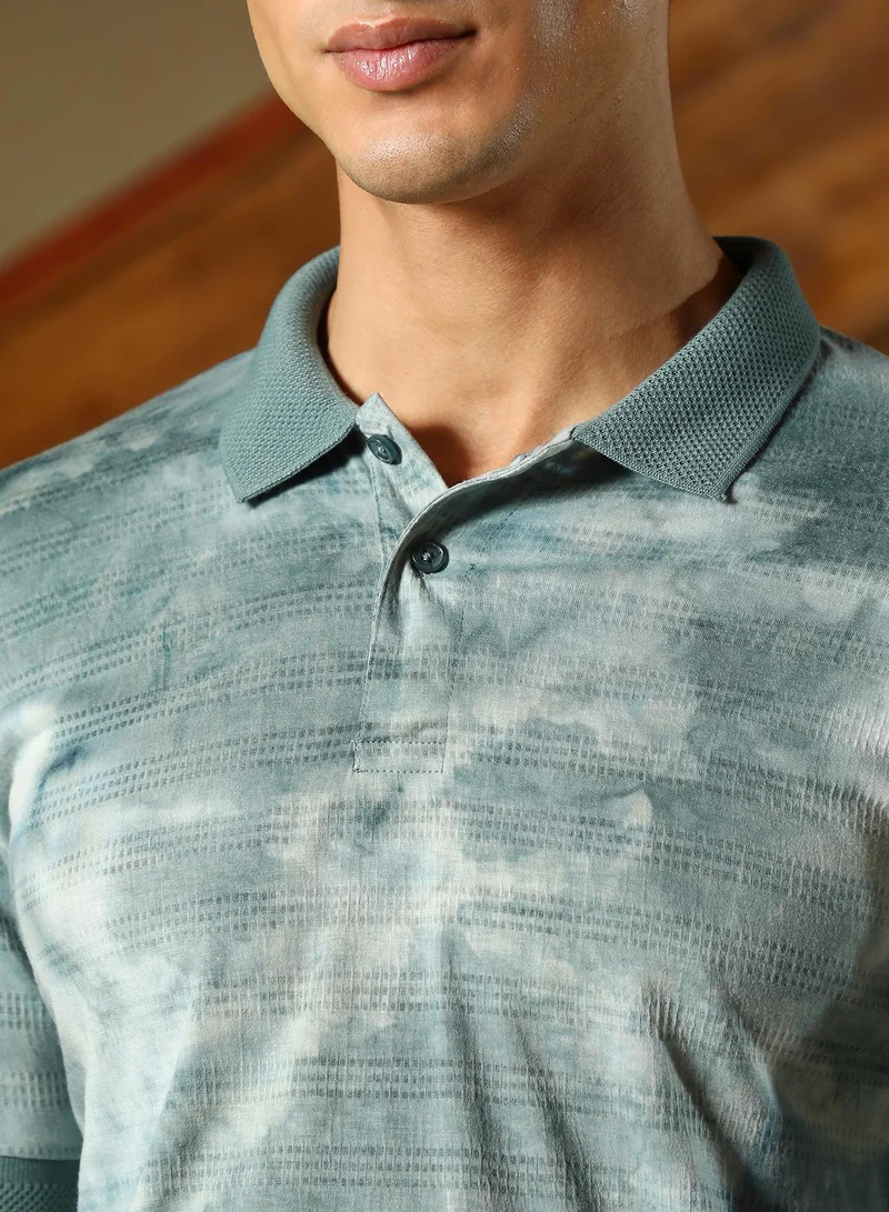 CAHOOT  Men's Viridian Green Dye-Panel Jacquard Polo T-Shirt for Men | Best Price UAE