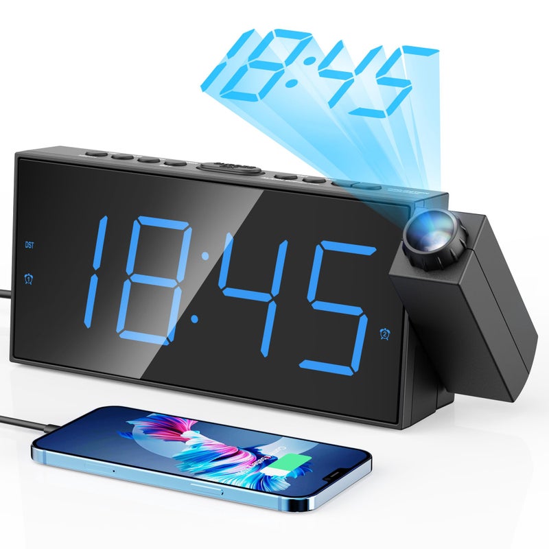 Digital Projection Alarm Clocks for Bedrooms Large LED Display 180 Rotatable Projector 5Level DimmerUSB ChargerBattery BackupLoud Dual Alarms for Kids ElderlyHeavy SleepersSnooze1224HDST