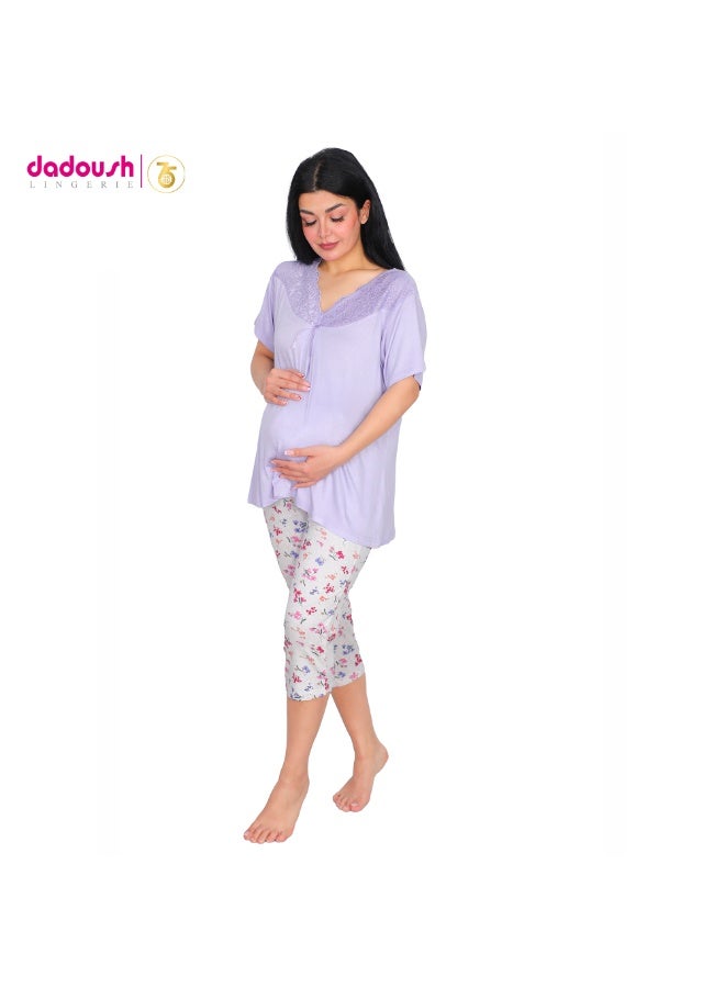 Dadoush Maternity Women's Pajamas Polyester Mauve Pink Lace Collar Shirt with Floral Print Capri Pants (Mauve, XL) - Image 1