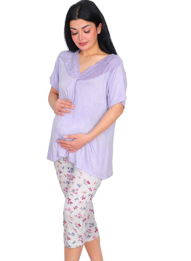 Dadoush Maternity Women's Pajamas Polyester Mauve Pink Lace Collar Shirt with Floral Print Capri Pants (Mauve, XL) - Image 2