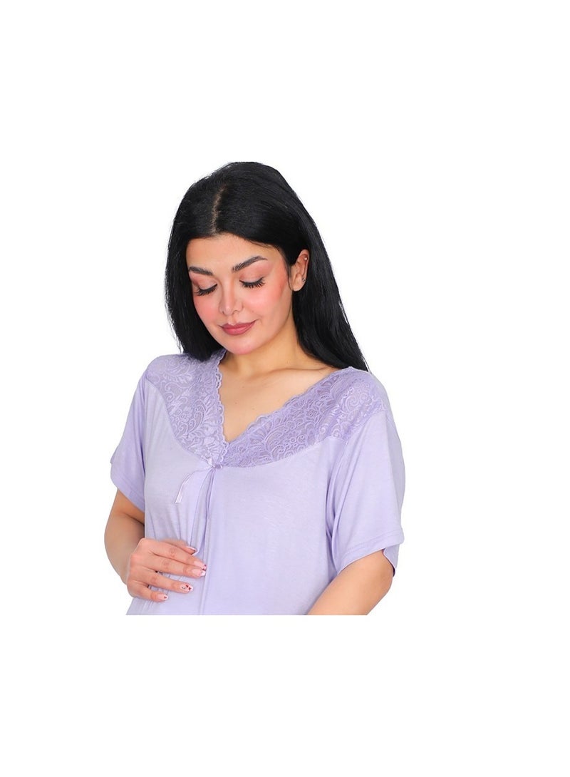Dadoush Maternity Women's Pajamas Polyester Mauve Pink Lace Collar Shirt with Floral Print Capri Pants (Mauve, XL) - Image 4