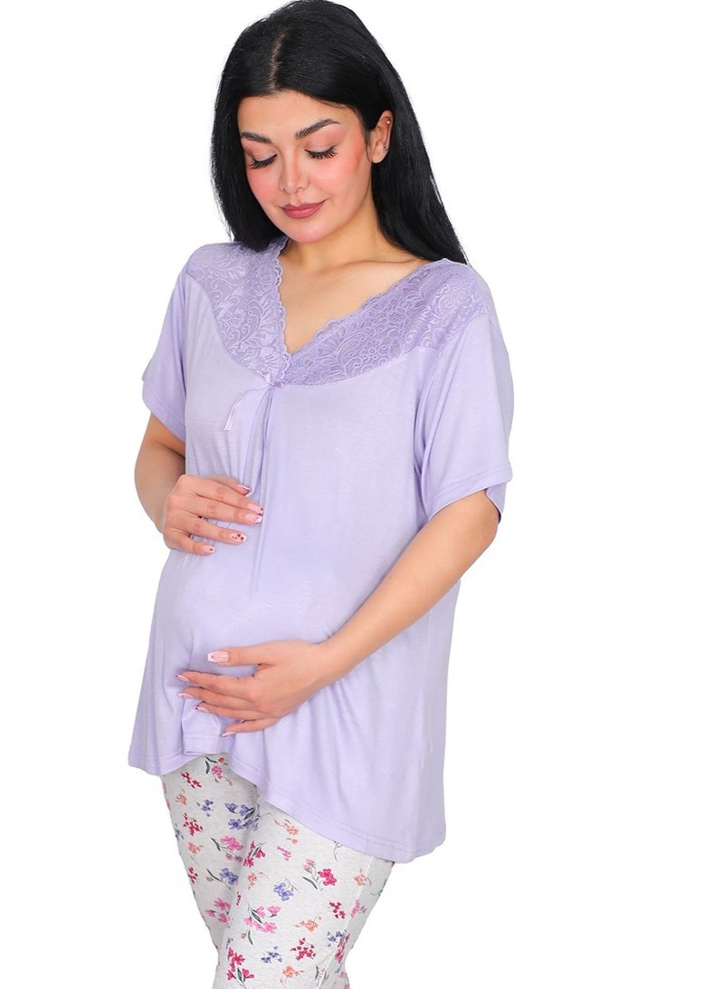 Dadoush Maternity Women's Pajamas Polyester Mauve Pink Lace Collar Shirt with Floral Print Capri Pants (Mauve, XL) - Image 5