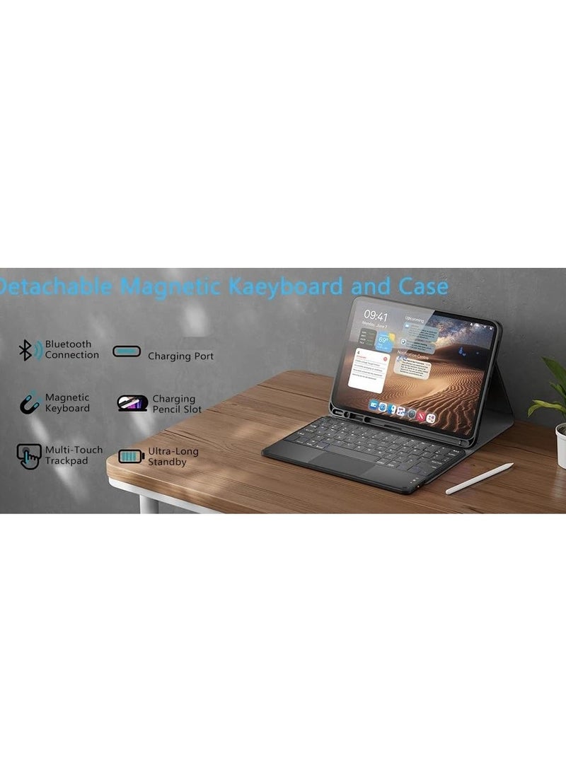 Generic - Keyboard Case Flip Stand for iPad Pro 11(2022/air4/air5) With Touch pad Arabic and English Bluetooth keyboard Smart Trackpad Detachable with Pencil Holder iPad cover (Black) - Image 1