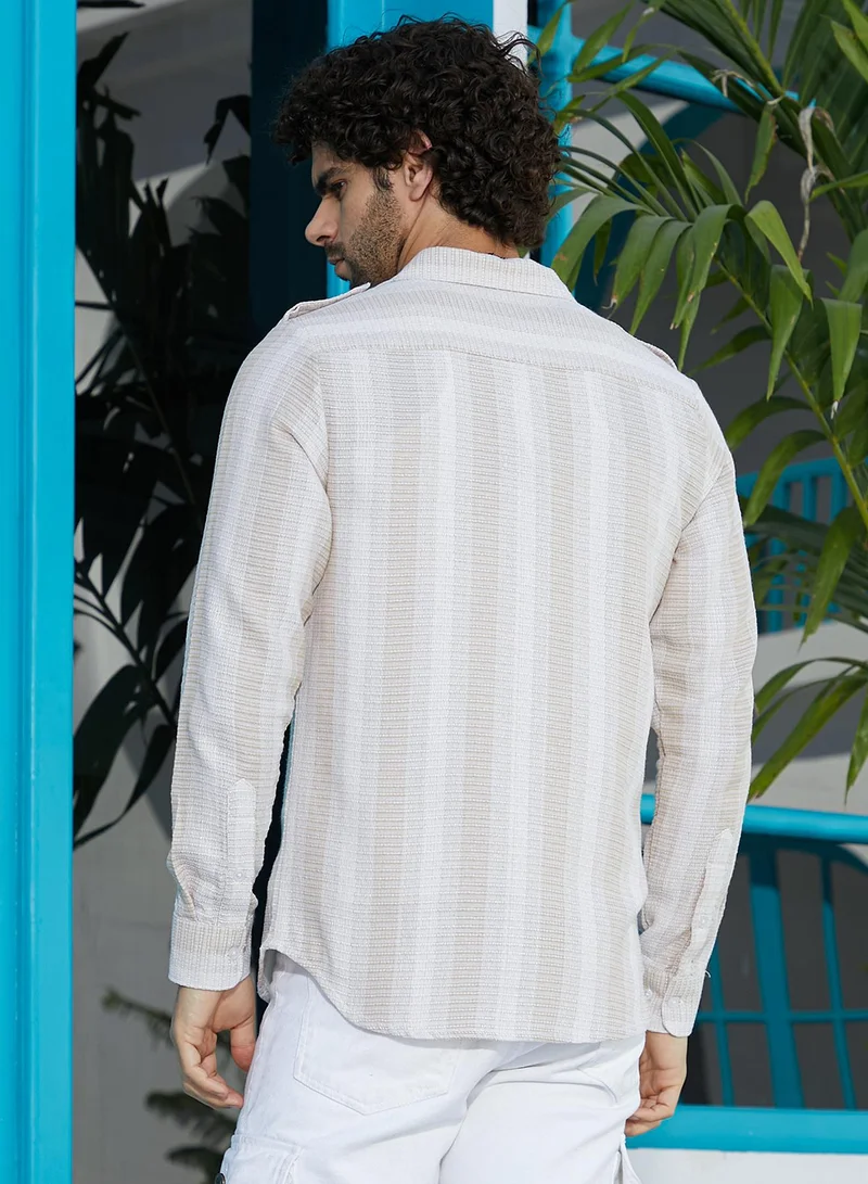 Campus Sutra Men's Buff Beige & Cream White Nomad-Striped Utility Shirt