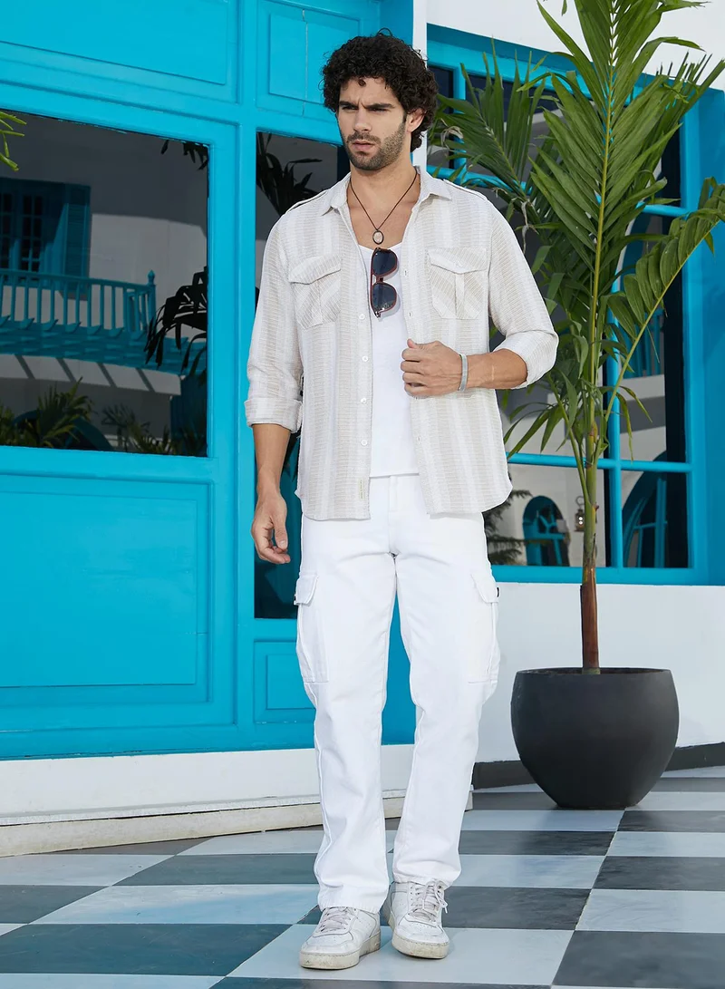 Campus Sutra Men's Buff Beige & Cream White Nomad-Striped Utility Shirt