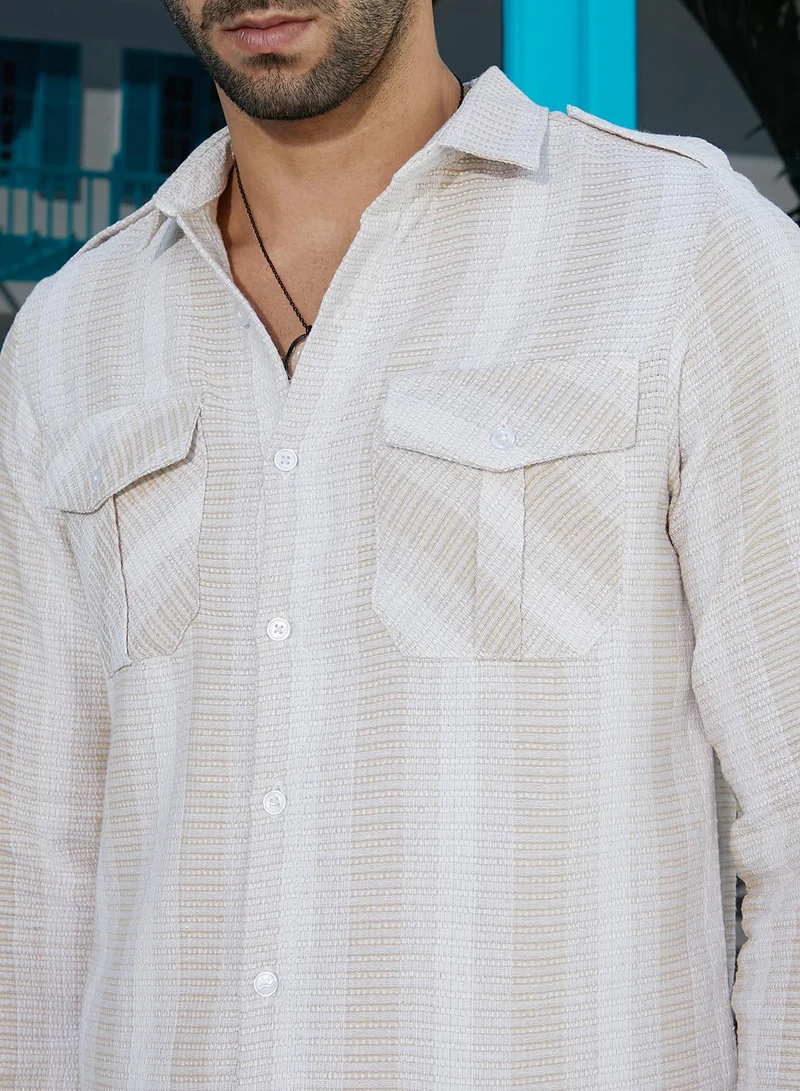 Campus Sutra Men's Buff Beige & Cream White Nomad-Striped Utility Shirt