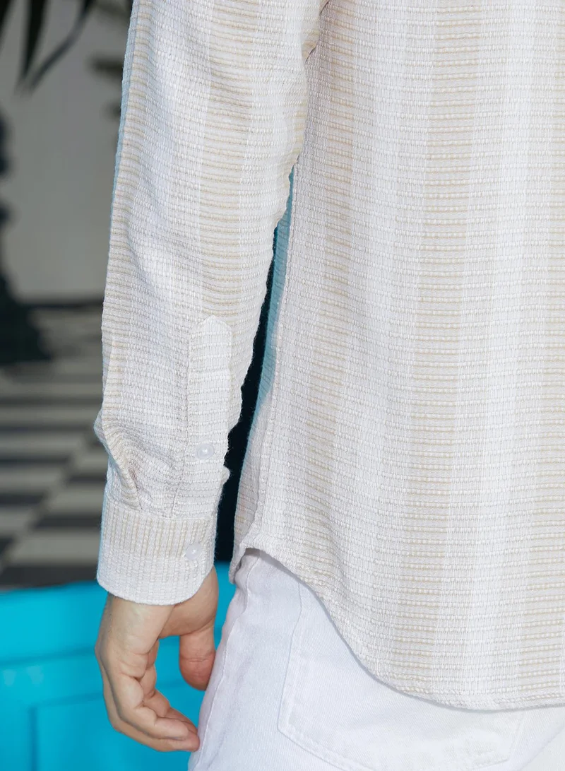 Campus Sutra Men's Buff Beige & Cream White Nomad-Striped Utility Shirt